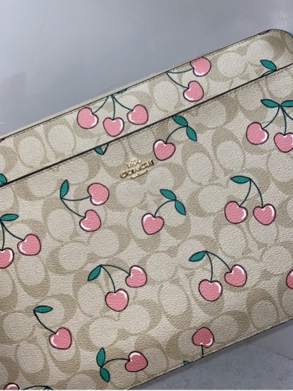 Coach Beige Signature Cherry Pouch with Pink & Green Accents